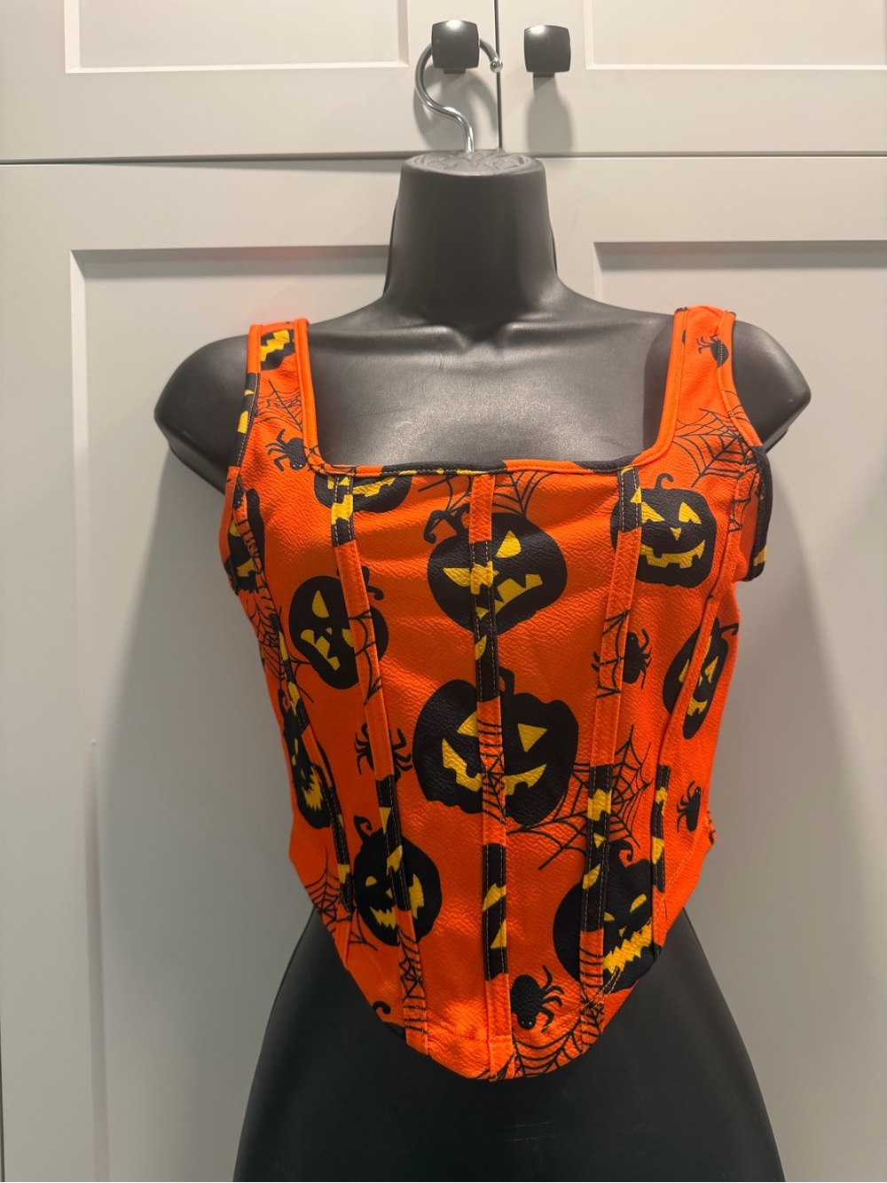 HALLOWEEN WOMENS S - Orange & Black Pumpkin Corset Crop Top